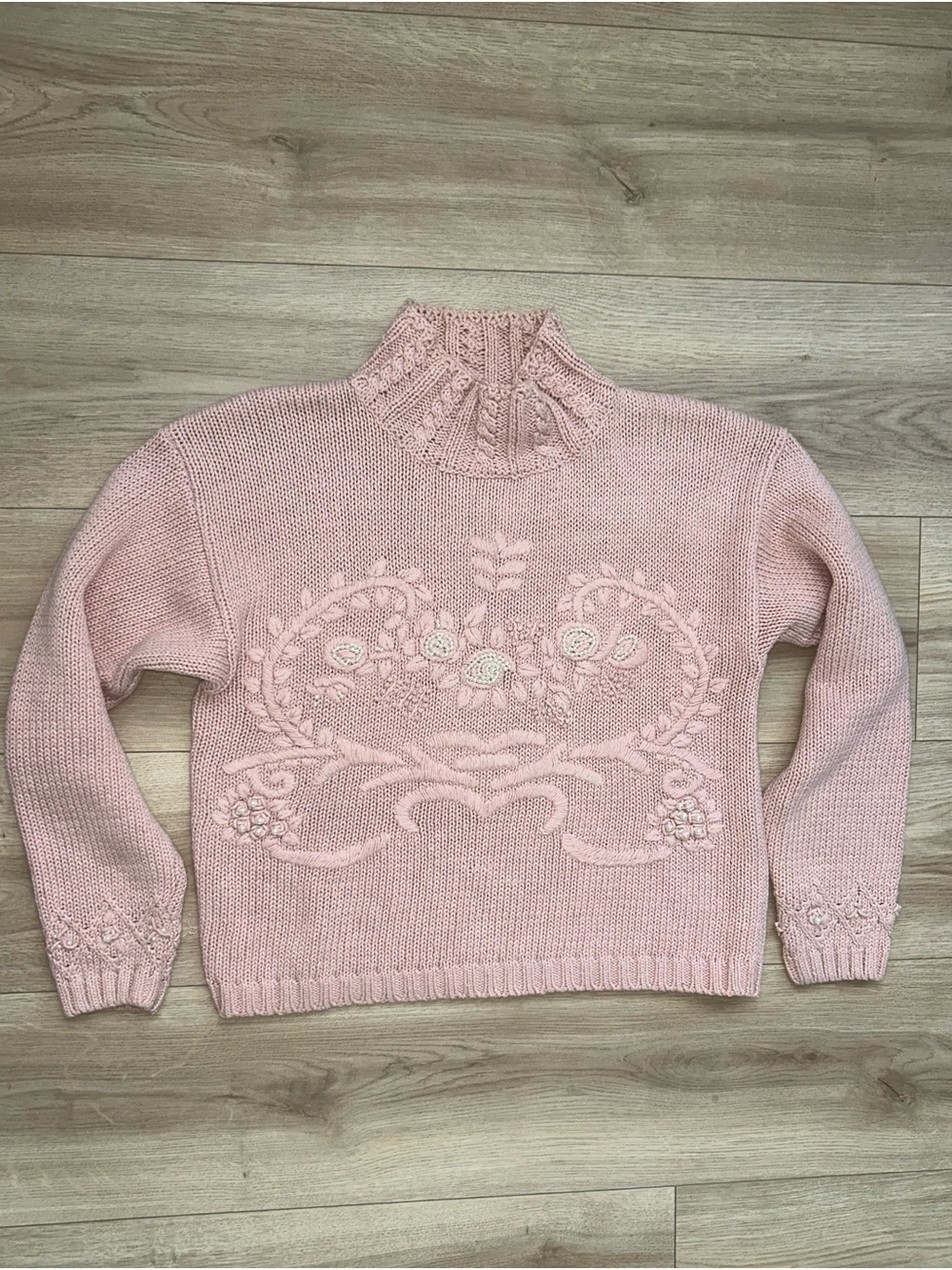 Vintage Soft Pink Floral Cable Turtleneck Sweater